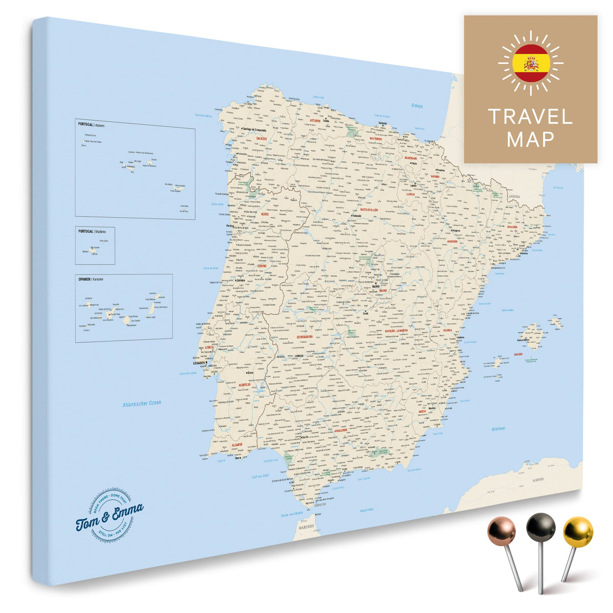 Spanien- & Portugal-Landkarte in der Farbe Multicolor Classic in einem modernen, minimalistischem Design als Leinwand zum Pinnen von Reisen und Orten