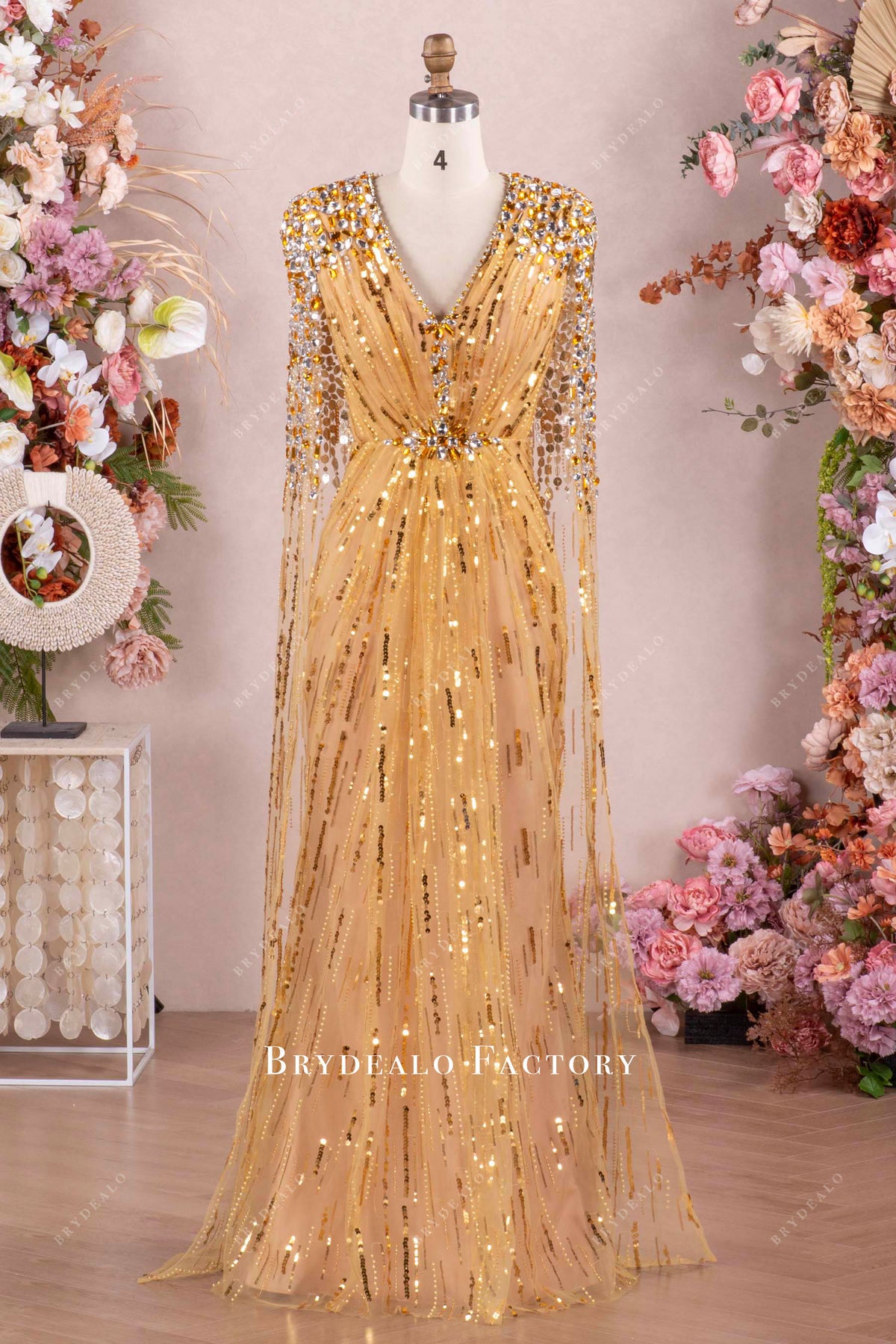 Luxurious Rhinestones Gold Cape Dress