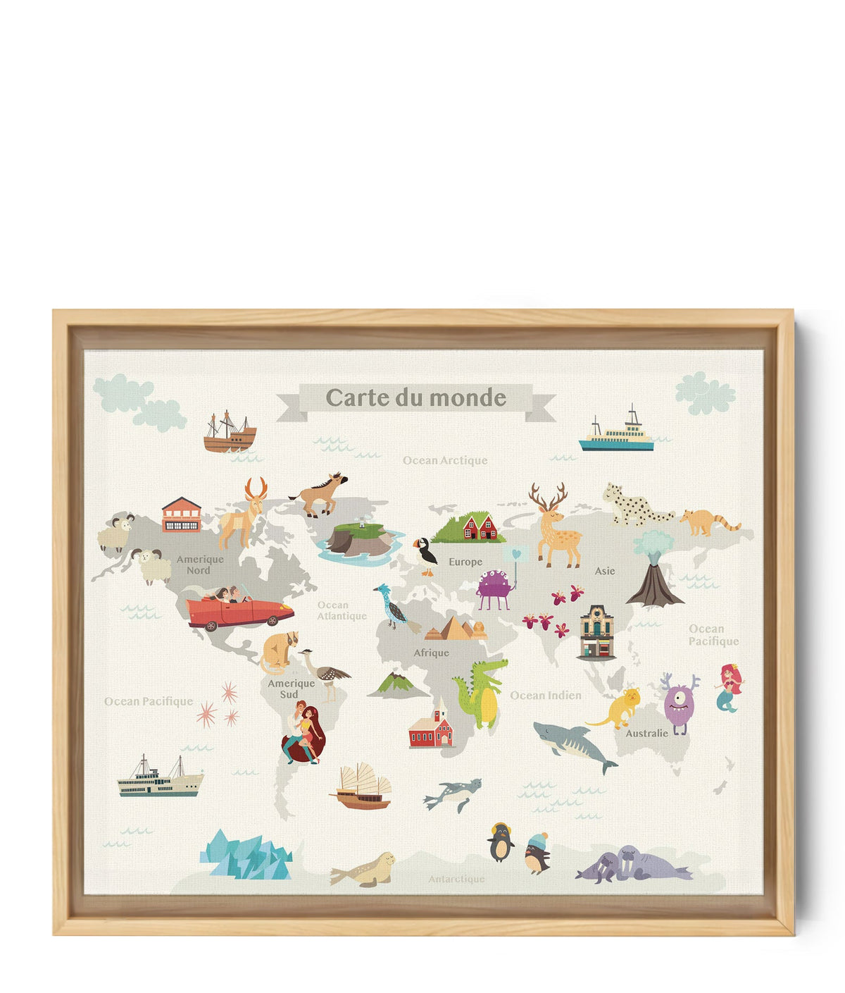 Tableau carte du monde illustrée animaux pour chambre enfant