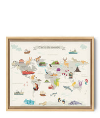Tableau carte du monde illustrée animaux pour chambre enfant