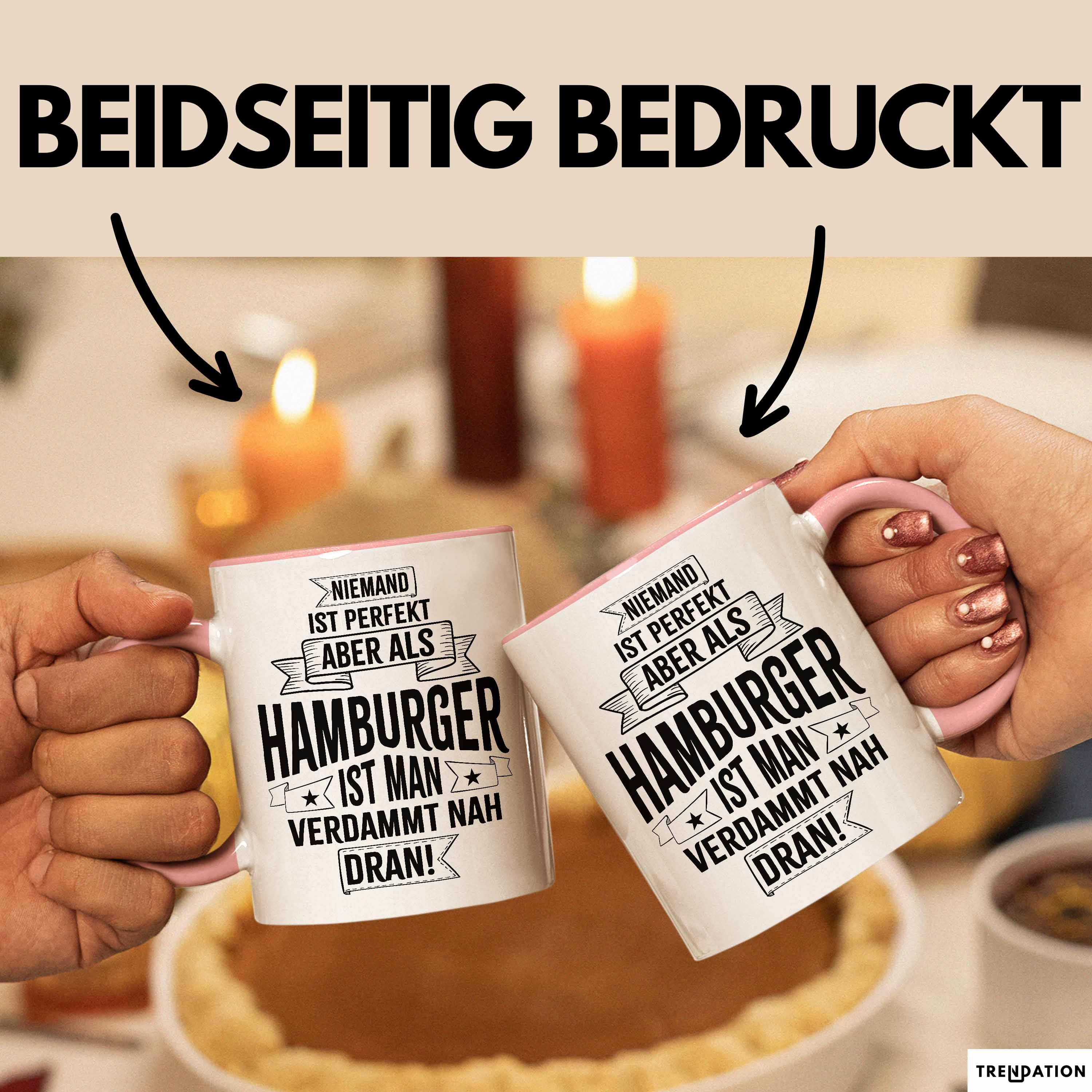 Hamburg Tasse Fan Hamburger Geschenkidee Spruch Niemand Ist Perfekt Aber Als Hamburger Ist Man Verdammt Nah Dran Kaffee-Becher Rosa Trendation
