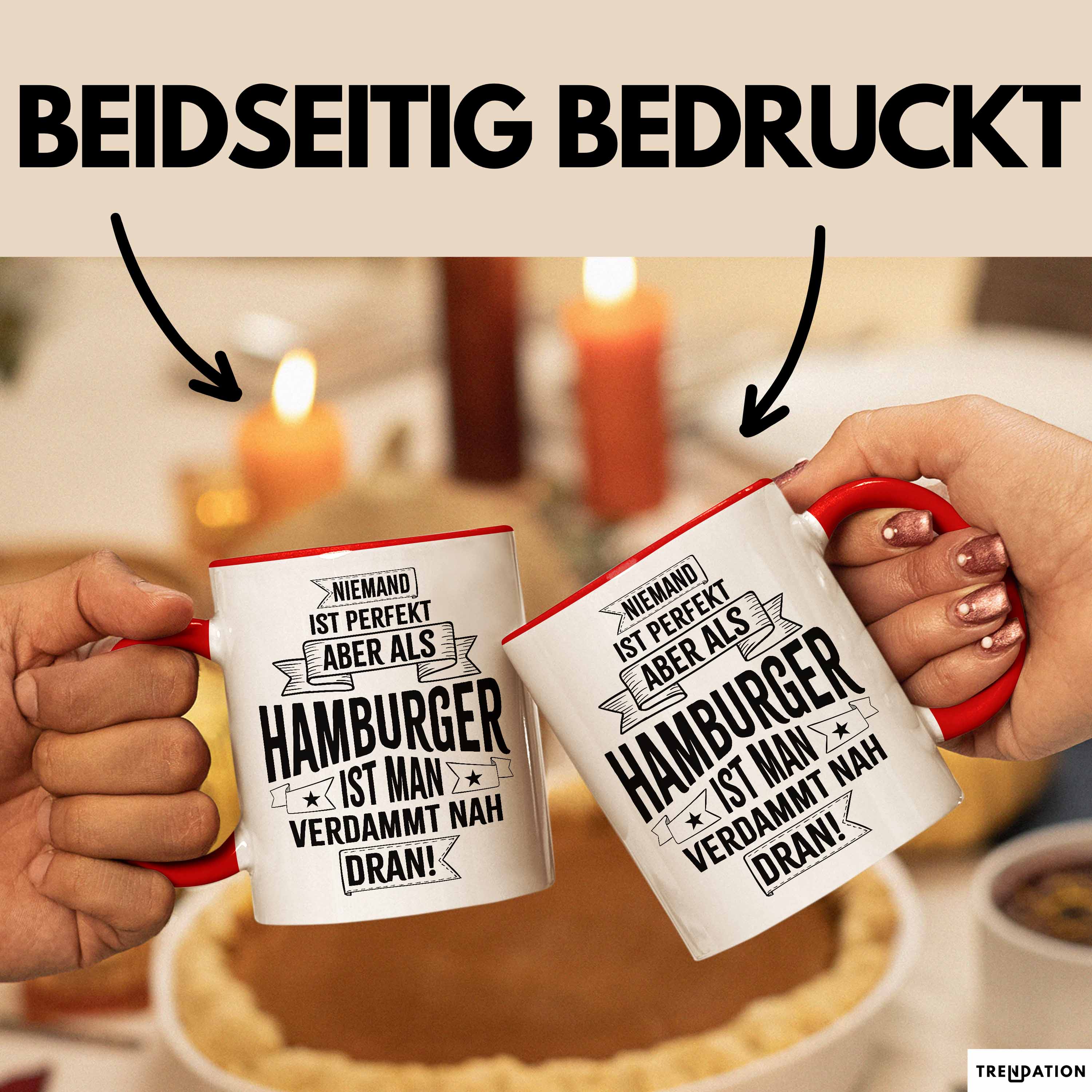 Hamburg Tasse Fan Hamburger Geschenkidee Spruch Niemand Ist Perfekt Aber Als Hamburger Ist Man Verdammt Nah Dran Kaffee-Becher Rot Trendation