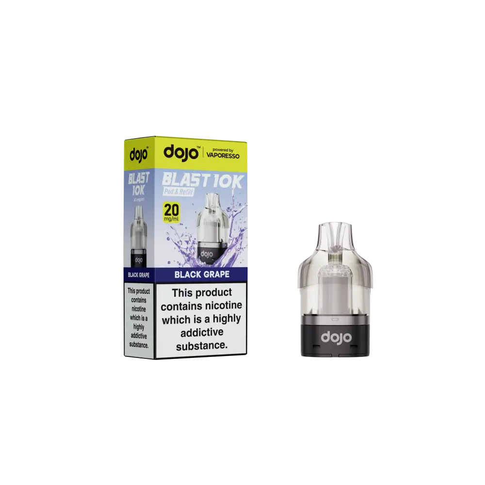 Black grape vape pod and packaging for Vaporesso Dojo Blast with CoreX Mesh Coil