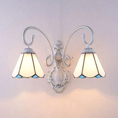 Vintage Retro Cone Wall Light Fixture With Stained Glass - White/Blue Bedroom Lighting White
