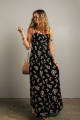 Black Floral Spaghetti Strap Shirred Bodice Tied Empire Waist Maxi Dress