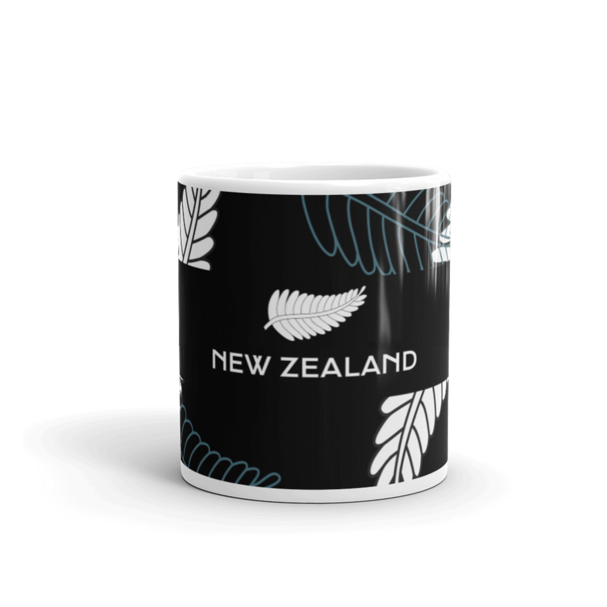 A Vintage New Zealand Mug with black and white design and the words "New Zealand" printed on it.