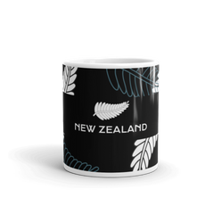 A Vintage New Zealand Mug with black and white design and the words "New Zealand" printed on it.
