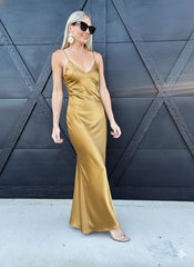 Zadie Deep V Maxi Slip Dress In Gold - Infinity Raine