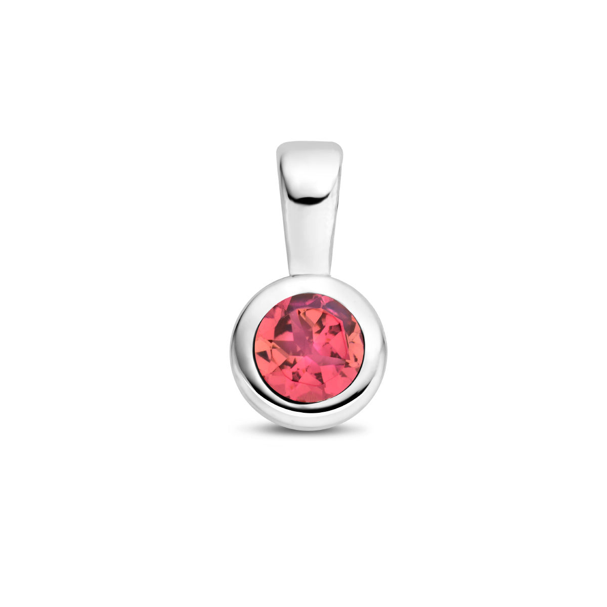 Vooraanzicht van de zilveren geboortesteen hanger voor oktober met een roze Toermalijn.